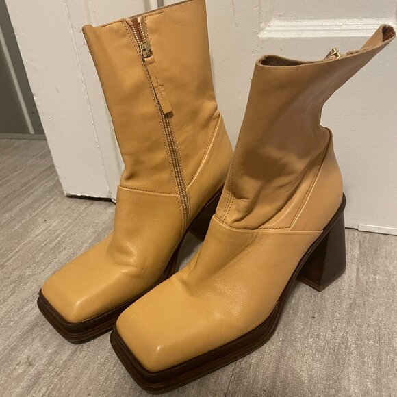 ASOS Rochelle Premium Leather Platform Heel Ankle Boots in Camel Size 7 - Picture 2 of 5